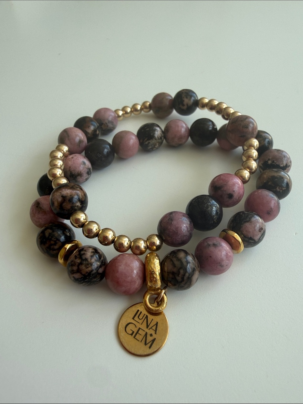Luna Gem Rohodonite Beaded and Orbital Bracelet Set, 14k gold fill